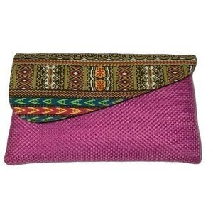 Boho Fuchsia Brown Tribal Clutch with Zipper & Magnetic Closure